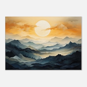 Amanecer sobre las montañas pintado con acuarelas, lienzo impreso, hermosa decoración de pared, pintura de paisaje de acuarela