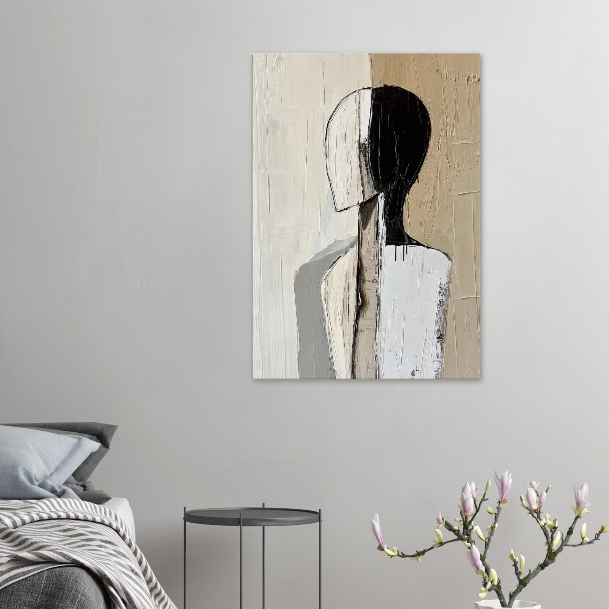抽象的な具象絵画 – 黒、白、ベージュのモダンミニマリストキャンバス