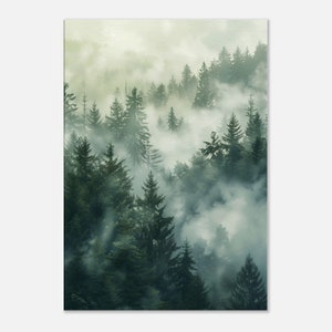 Nebliger Wald gedruckt auf Leinwand, Leinwanddruck Wadszene, Druck Wald, Nadelbäume Wanddekoration, entspannende Kunst