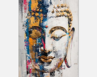 May include: Abstract painting of a Buddha face with a white background and colorful brushstrokes. The face is painted in shades of gold, blue, and red.