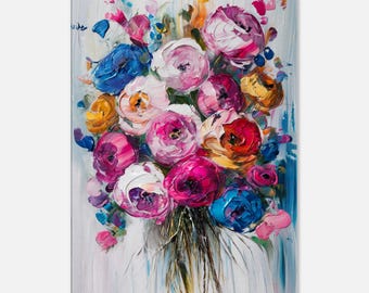 Abstract flowers painting canvas, flower art print, botanical wall art, wall decoration living room, canvas print colorful flowers