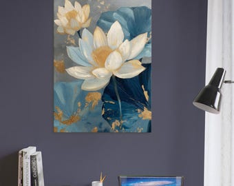 金と青の蓮のキャンバス、静寂のキャンバス · 花の絵画 · 豪華な花の絵