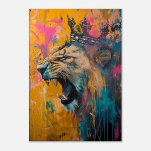 Colorful lion with crown printed on canvas, lion wall art, wall decor, king canvas paintings. Modern wall decor, nature home wall art decor