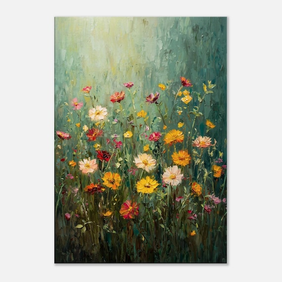 野の花畑の絵画 – 色鮮やかな花のキャンバス | 印象派風の植物画