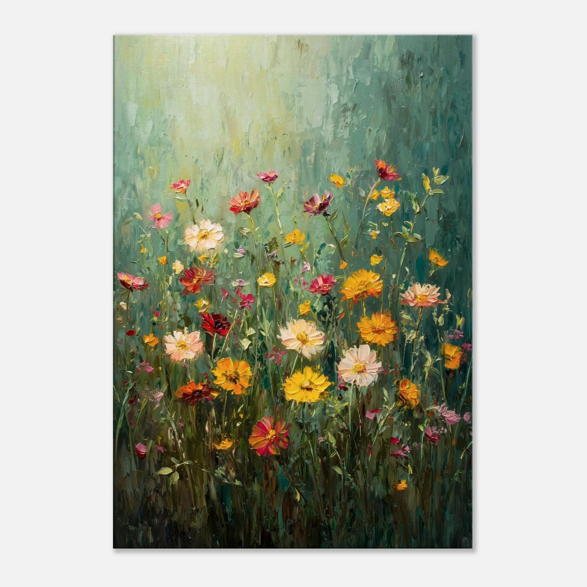 野の花畑の絵画 – 色鮮やかな花のキャンバス | 印象派風の植物画