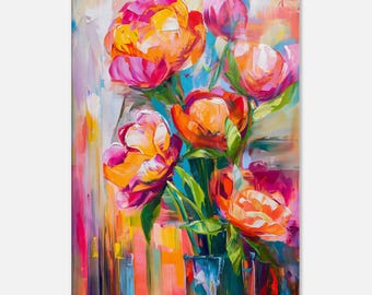 Colorful abstract flowers canvas print, floral wall art, modern wall decor, living room colorful pictures printed painting