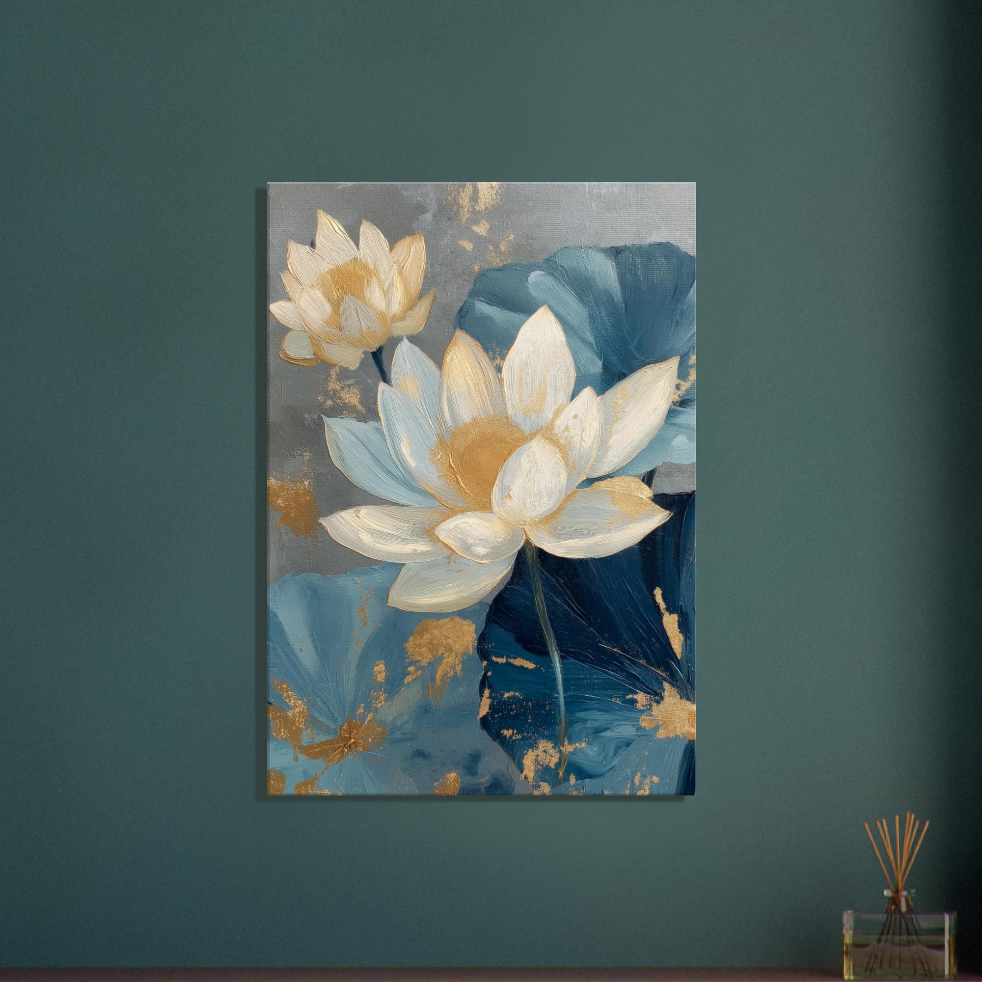 金と青の蓮のキャンバス、静寂のキャンバス · 花の絵画 · 豪華な花の絵