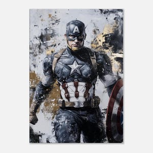 Può includere: Una rappresentazione artistica di Captain America nel suo costume iconico, con lo scudo. L'opera presenta uno sfondo strutturato con accenti dorati e il personaggio è raffigurato in una posa dinamica.
