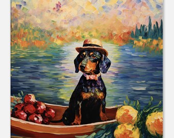 Teckel print op canvas cadeau print kunst, portret, teckel schilderij, hondenportret, wandkunst, Claude Monet stijl, canvas