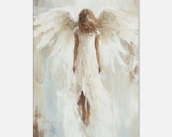 Vredige engelkunst afgedrukt op canvas, engelfiguur kunstprint, engel muurdecoratie, spirituele wandversiering, schilderij van een beschermengel