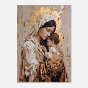 Könnte beinhalten: Gemälde einer Frau in weißer Kopfbedeckung und Robe, die ein Kind umarmt. Das Kunstwerk zeigt einen goldenen Heiligenschein und Goldblattakzente vor einem neutralen Hintergrund. Der Stil erinnert an religiöse Ikonografie.