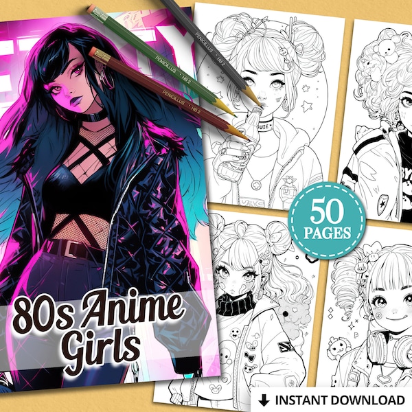 80s Anime Coloring Book Relaxing Coloring Books for Adults & Kids Procreate Coloring Pages Anxiety Relief Neon Manga Girl Digital Printable