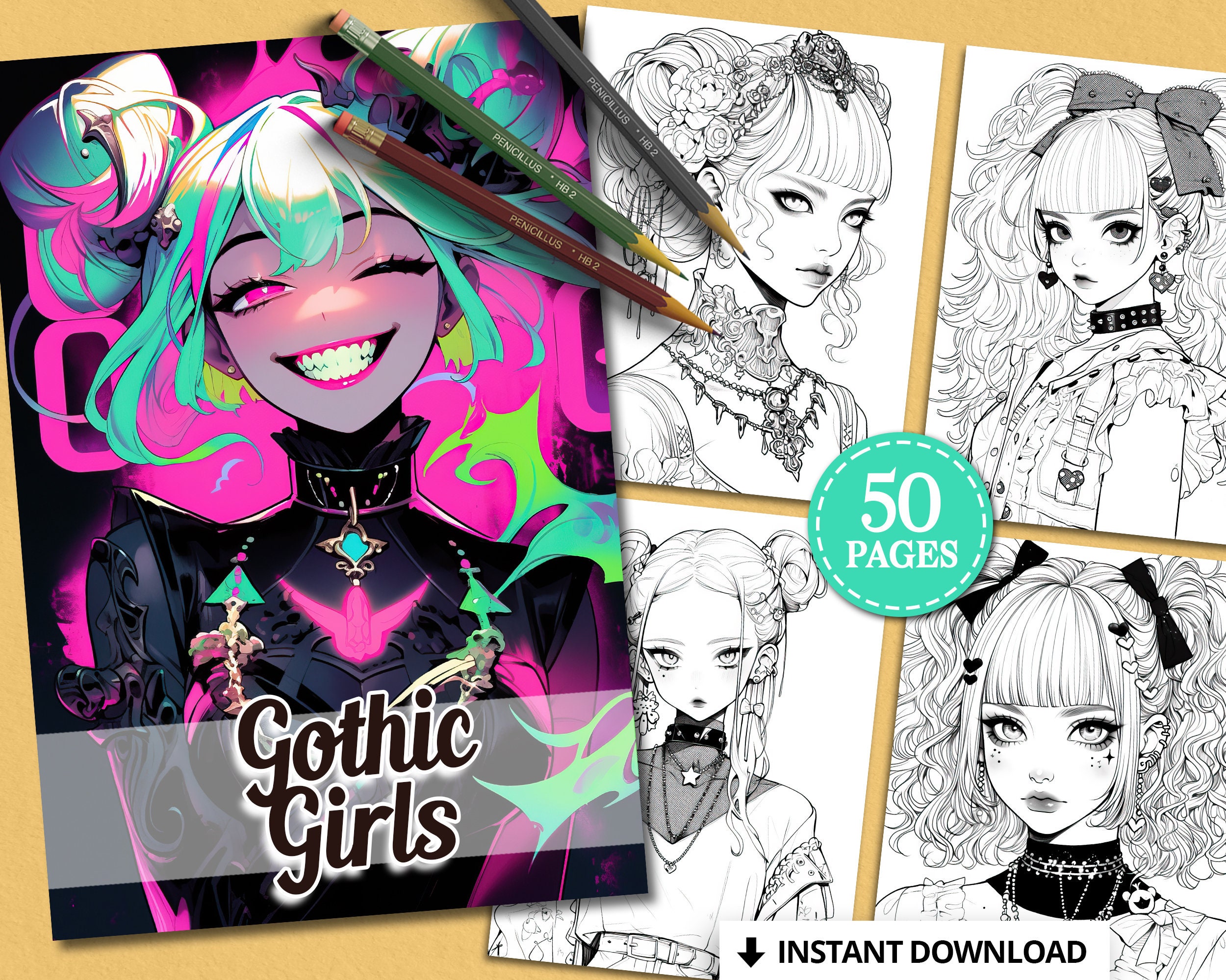 Gothic Girls Coloring Book Pages for Kids and Adults, Instant Digital Download Printable PDF ...