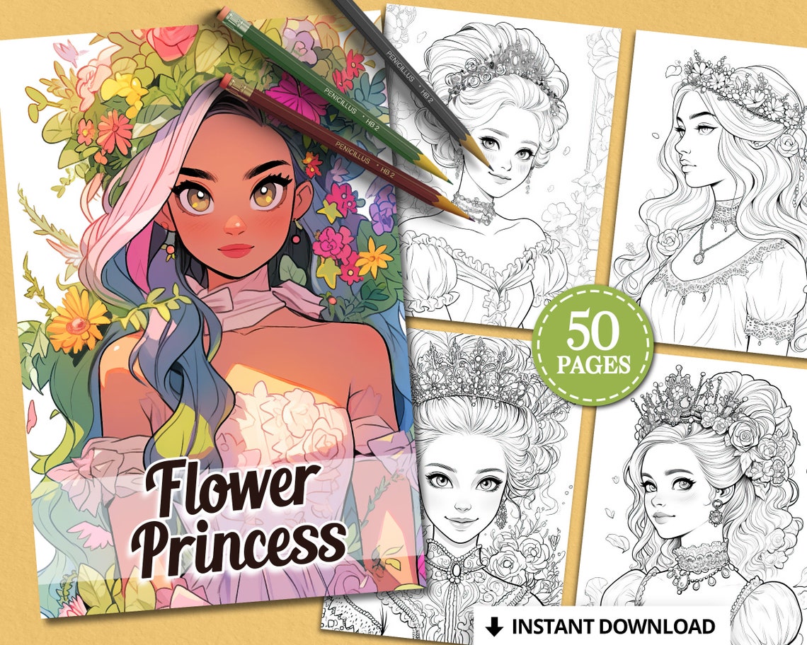 Flower Princess Coloring Book Pages for Kids and Adults - Etsy