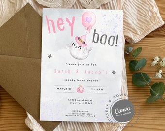 May include: A white invitation with a pink and purple watercolour background. The text "hey boo!" is in pink and black. The invitation is for a spooky baby shower for Sarah & Jacob on March 27th from 2-4 PM.