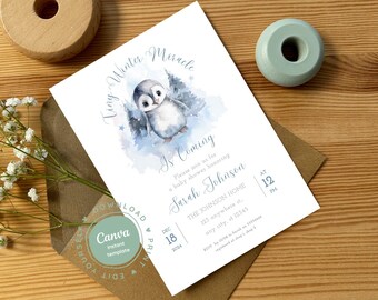 May include: A baby shower invitation featuring a watercolour illustration of a penguin in a winter setting. The invitation reads "Tiny Winter Miracle is Coming" and includes the date, time, and location of the event.