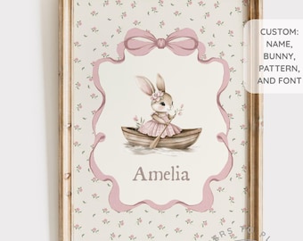Custom Girl Bunny Poster, Personalized Bunny Nursery Wall Art,Girl Baby Shower Gift, Custom Name Nursery Print, Pink Bunny Decor Digital Art