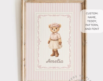 Personalized Pink Teddy Bear Nursery Print, Custom Name Ralph Polo Teddy Poster, Vintage Ralph Polo Girl, Grandmillennial Girl Nursery