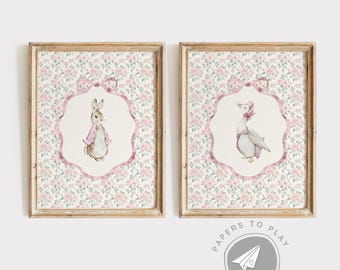 Vintage Bunny Art, Classic Children Bunny Illustration, Storybook Animal Art, Vintage Floral Art, Antiqe Pink Bow, Grandmillennial Nursery