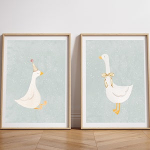 Póster de ganso verde menta para pared de guardería, decoración de pared escandinava, impresión de animales de granja para habitación de niños, díptico de ganso, decoración hygge