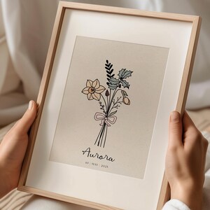 Póster con nombre personalizado y flores del mes de nacimiento, póster con flores coquetas, ramo de flores de nacimiento personalizado, regalo de decoración personalizado con arte Cottagecore