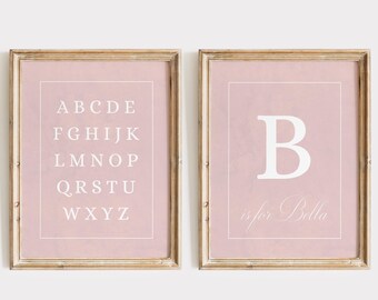 Custom Vintage Alphabet& Initial Poster Set + Gift Poster, Personalized Name Print, Baby Girl Nursery, Antique ABC Print Pink Nursery Decor