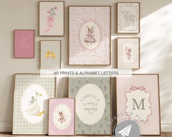 Spring Little Gardener Nursery Wall Art Cottagecore, Ballerina Bunny Print, Blushed Pink Botanical Print, Thank Heaven For Little Girls Art