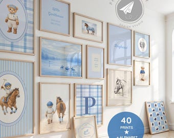 Ralph Teddybär Galerie Wand Preppy, Polo Teddybär Galerie Wanddrucke, Baby Blau Kinderzimmer Kunst (40 Set) Danke dem Himmel für kleine Jungen