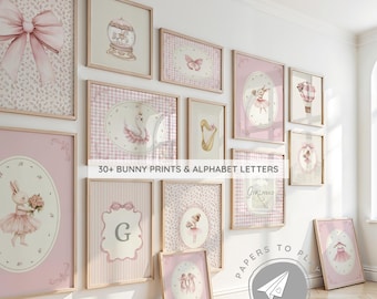 Vintage Ballerina Prints, Pink Nursery Gallery Wall Art, Ballerina Bunny Print, Thank Heaven for Little Girls Poster, Floral Letter Nursery