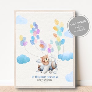 Personalized Guest Book, Baby Shower Guest Book, Nursery Print, Nursery Art Fingerprint Balloons, Teddy Bear Baby Poster Inspiring Quote Art