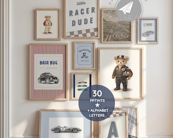 Pastell Rennwagen Galeriewand, Vintage Auto Drucke für Jungen-Kinderzimmer, Sportwagen Drucke Jungen, Jungen-Kinderzimmer-Alphabet, Mitternachtsblau Galeriewand