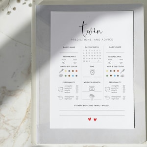 May include: A printable twin prediction chart with sections for baby's name, date of birth, resemblance, hair and eye color, personality, weight and length, and time. The chart includes icons for each category and a space for writing in predictions. The text at the bottom reads "If I were expecting twins, I would..."