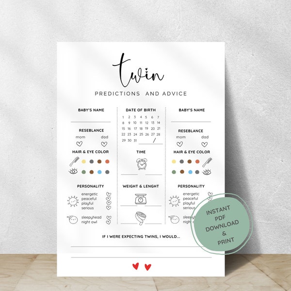 Baby Shower Twin Prediction Cards, Minimalist Twin Babies Guesses Cards, Printable Baby Shower Game, Ready-made Party Game, Instant Download