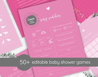 May include: Pink printable baby shower game cards with a variety of games including baby predictions, baby bingo, and a guess the animal game. The text on the cards reads "Download Canva Instant Template Edit Print Yourself Baby Predictions".