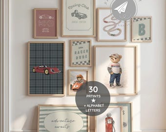 Printable Car Bundle, Vintage Race Car Prints + Boy Nursery Alphabet, Grand Prix Vintage Art, Sage Green Boy Room Art, Last Minute Boy Gift