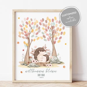Árbol de huellas dactilares de erizo para bebé, hecho a medida, para baby shower, libro de visitas en alemán, con estampado de animales del bosque, para recién nacidos.