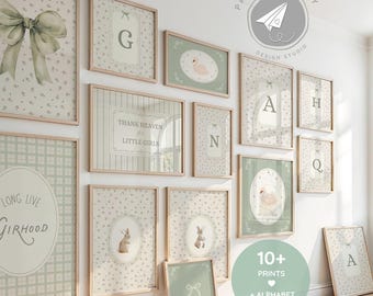 Sage Green Gallery Danke Himmel für kleine Mädchen, Grandmillennial Kinderzimmer, Blumeninitiale - Antike Alphabet Drucke + Häschen Poster GESCHENK