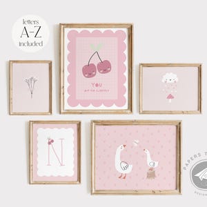 Pink Nursery Gallery Wall Art: Alphabet, Cherries, Goose Prints (Digital Download)