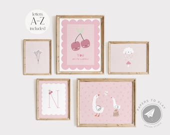 Pink Nursery Gallery Wall Art: Alphabet, Cherries, Goose Prints (Digital Download)