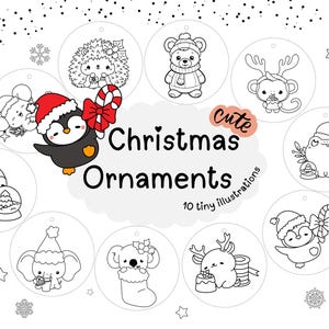 Kawaii kerstkleuring decorbundel, schattige kawaii dieren afdrukbare kerstboomversieringen, 10 cadeaukaartjes, milieuvriendelijke kerstknutselset voor kinderen