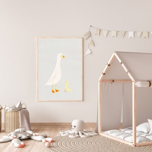 Lindo arte de pared de ganso tonto, póster de ganso y ansarino gris suave, impresión de madre ganso e hijo, arte de habitación para niños, póster de animales de granja, descarga instantánea