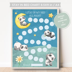 Tableau du sommeil panda pour tout-petit, lune et étoiles, tableau des routines de sommeil pour enfants, joli tableau du sommeil imprimable, unisexe, rester au lit, tableau d'autocollants étoilés