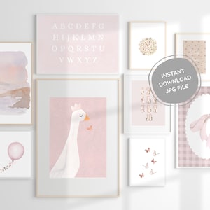 Galleria d'arte antica per pareti della cameretta dei bambini con alfabeto personalizzato, decorazione per la cameretta dei bambini con cornice ovale Silly Goose e fiocco rosa preppy, decorazione floreale d'arte vintage