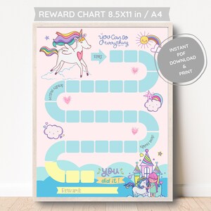 May include: A printable reward chart featuring a unicorn and a castle. The chart has a light blue path with spaces for stickers or checkmarks. The text on the chart reads "You can do everything" and "You did it!"