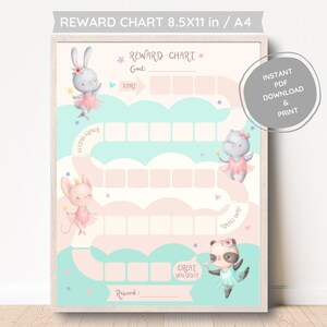 May include: A printable reward chart featuring a pink and blue color scheme with a tooth-shaped path. The chart has a space for a goal and a reward. The chart features illustrations of animals dressed as ballerinas. The text on the chart reads "Reward Chart", "Goal", "Start", "Sitting Super", "Sweet Dance", "Great You Did It", and "Reward".