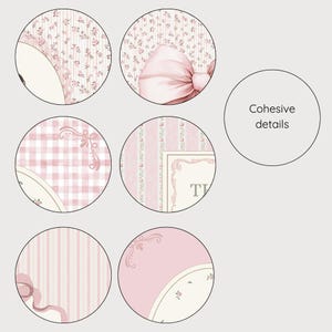 May include: A collection of circular designs featuring soft pink and white patterns. The designs include floral prints, gingham, stripes, and a large bow. The text "Cohesive details" is also present. The overall aesthetic is delicate and feminine.