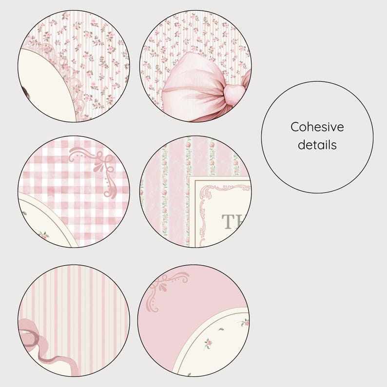 May include: A collection of circular designs featuring soft pink and white patterns. The designs include floral prints, gingham, stripes, and a large bow. The text "Cohesive details" is also present. The overall aesthetic is delicate and feminine.