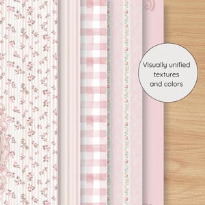May include: A collection of patterned papers in shades of pink and white. Designs include floral, striped, and gingham patterns. The text "Visually unified textures and colors" is displayed in a white circle.