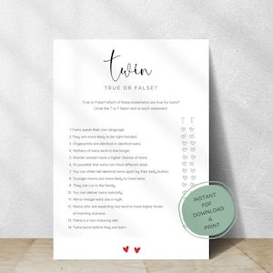 Cartes de jeux-questionnaires pour baby shower, jeu amusant Twin Shower, cartes de jeu imprimables pour baby shower, jeu de jumeaux vrai ou faux deux coeurs, téléchargement immédiat