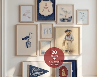 Old Money Prints, Vintage Sailing Prints + Navy Blue Alphabet, Sailboat Nursery, Boy Nursery Wall Art Gallery, Coastal Gallery Wall Art Set